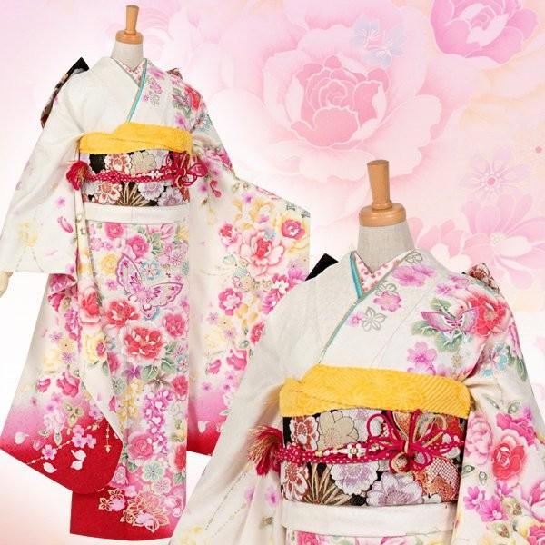 振袖 レンタル 成人式 結婚式 白 桜牡丹と蝶(絹)(w) 一点物 12月〜1月利用 対応身長150〜160cm RS1109の画像