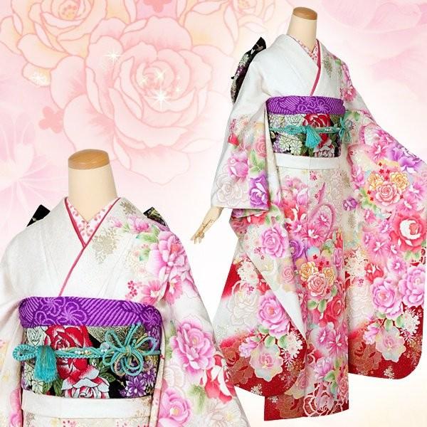 振袖 レンタル 成人式 結婚式 白 薔薇とブーケ(絹)12月〜1月利用 対応身長165〜169cm RS1110の画像
