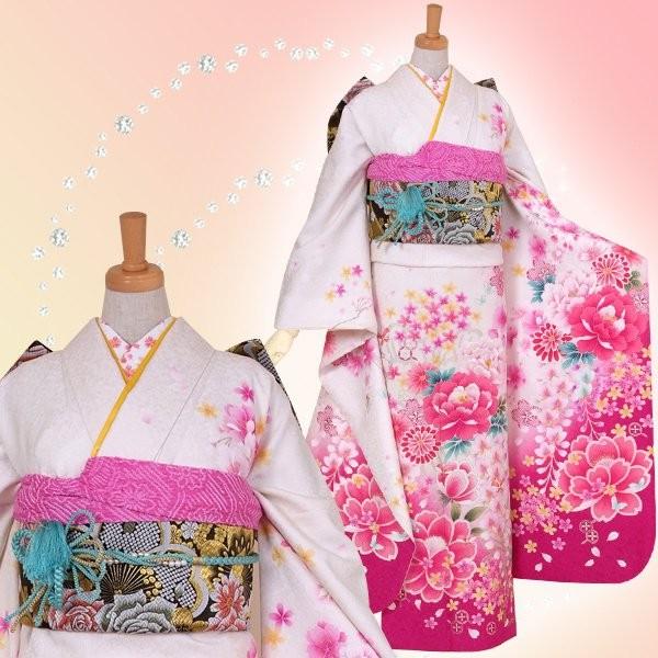 振袖 レンタル 成人式 結婚式 白 牡丹に藤の花(絹) 一点物 12月〜1月利用 対応身長165〜169cm RS1111の画像