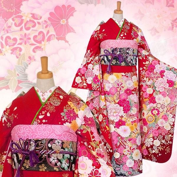 振袖 レンタル 成人式 結婚式 赤 花車に桜宝尽し(絹) 一点物 12月〜1月利用 対応身長165〜173cm RS1115の画像