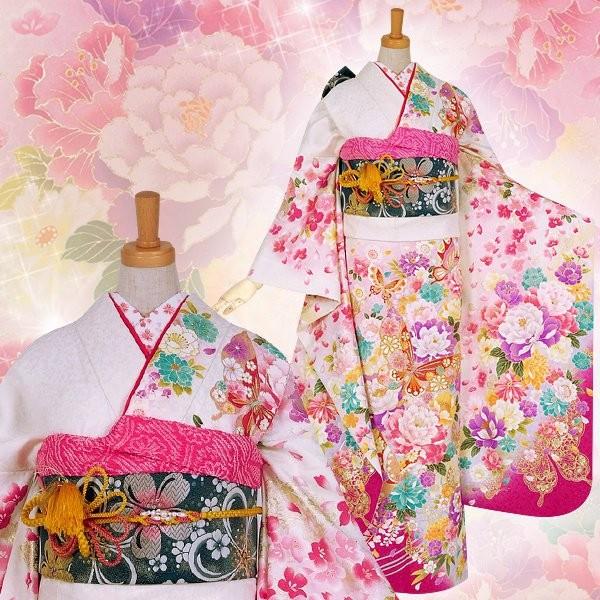 振袖 レンタル 成人式 結婚式 白 桜に蝶(絹) 一点物 12月〜1月利用 対応身長165〜173cm RS1116の画像