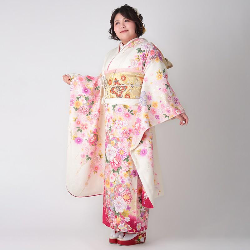 振袖 レンタル 成人式 結婚式 白 花紋に牡丹(絹)(w) 一点物 12月〜1月利用 対応身長150〜160cm RS1118の画像