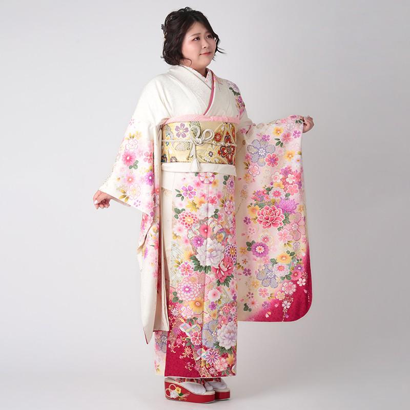振袖 レンタル 成人式 結婚式 白 花紋に牡丹(絹)(w) 一点物 12月〜1月利用 対応身長150〜160cm RS1118の画像