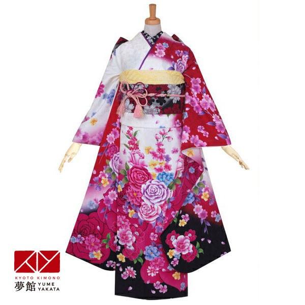 振袖 レンタル 成人式 結婚式 訳あり商品 安い 白赤　枝垂桜に薔薇(絹)(宅)12月〜1月利用 対応身長154〜165cm RS1119