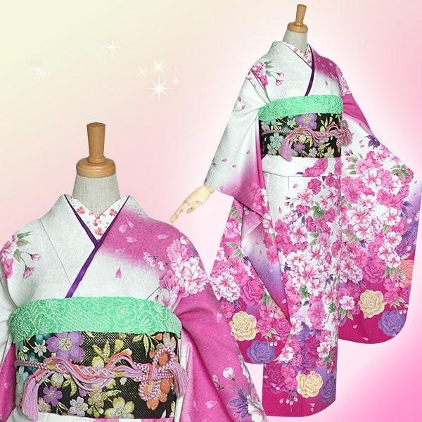 振袖 レンタル 成人式 結婚式 白 八重桜に薔薇(絹)(宅) 一点物 12月〜1月利用 対応身長154〜165cm RS1120の画像