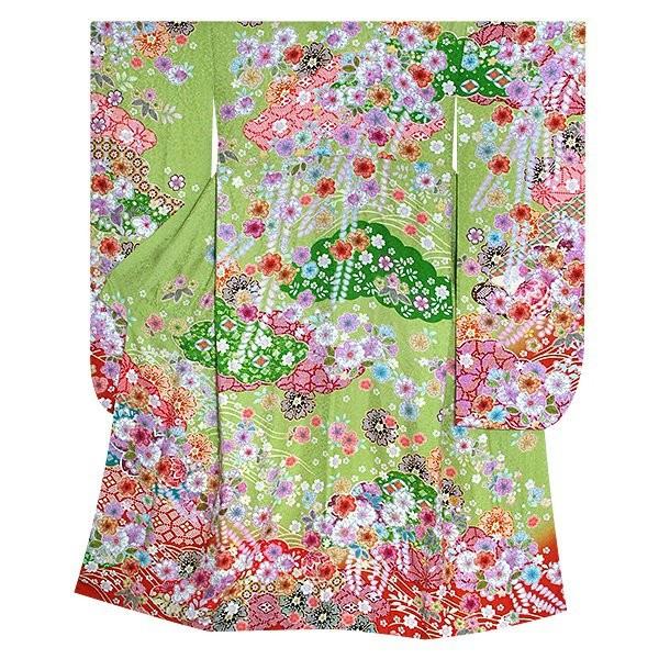 振袖 レンタル 成人式 結婚式 黄緑 雲取桜に辻が花(絹)(宅) 一点物 12月〜1月利用 対応身長154〜165cm RS1127の画像