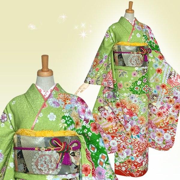 振袖 レンタル 成人式 結婚式 黄緑 雲取桜に辻が花(絹)(宅) 一点物 12月〜1月利用 対応身長154〜165cm RS1127の画像