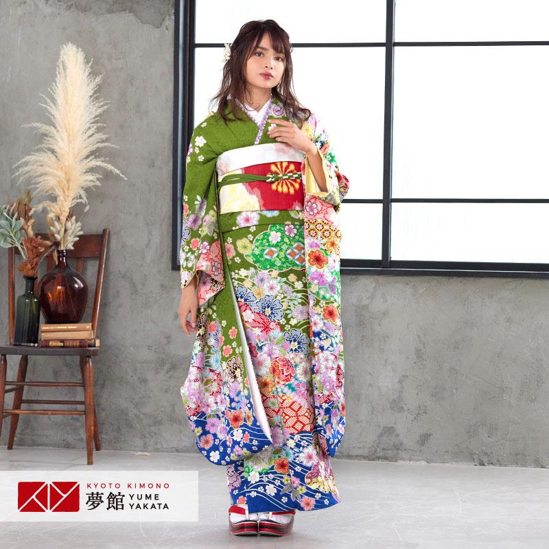 振袖 レンタル 成人式 結婚式 緑 雲取桜に辻が花(絹)(宅)12月〜1月利用 対応身長154〜165cm RS1128
