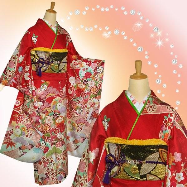 振袖 レンタル 成人式 結婚式 赤 雪輪熨斗に松牡丹(絹)(宅)12月〜1月利用 対応身長154〜165cm RS1132の画像