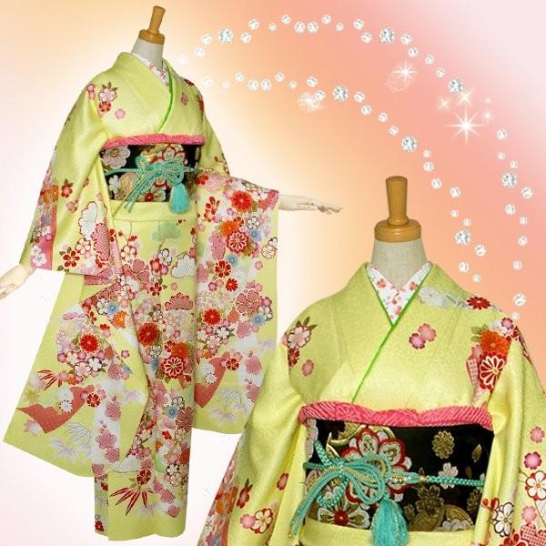 振袖 レンタル 成人式 結婚式 黄 熨斗に桜松竹梅(絹)(宅) 一点物 12月〜1月利用 対応身長154〜165cm RS1135の画像