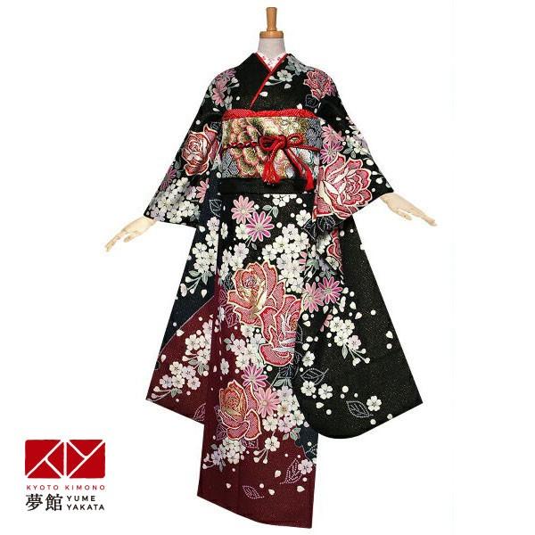 振袖 レンタル 成人式 結婚式 黒 桜と薔薇(絹)(宅) 一点物 12月〜1月利用 対応身長154〜165cm RS1146