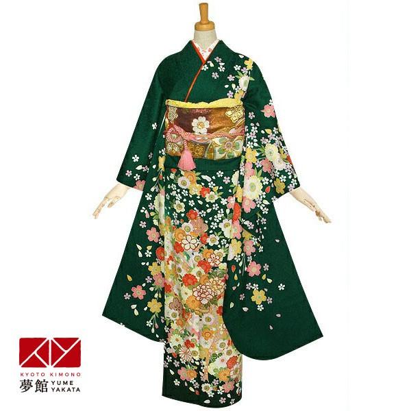 振袖 レンタル 成人式 結婚式 緑　枝垂桜と花かご(絹) 一点物12月〜1月利用 対応身長154〜165cm RS1148