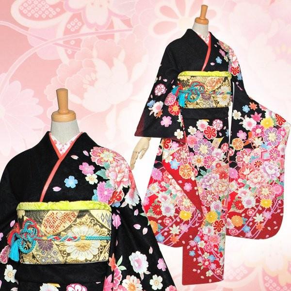 振袖 レンタル 成人式 結婚式 黒 熨斗に四季花(絹)(宅)12月〜1月利用 対応身長154〜165cm RS1149の画像