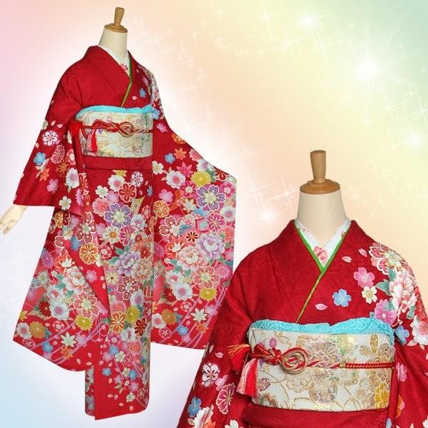 振袖 レンタル 成人式 結婚式 赤 熨斗に四季花(絹)(宅)12月〜1月利用 対応身長154〜165cm RS1150の画像
