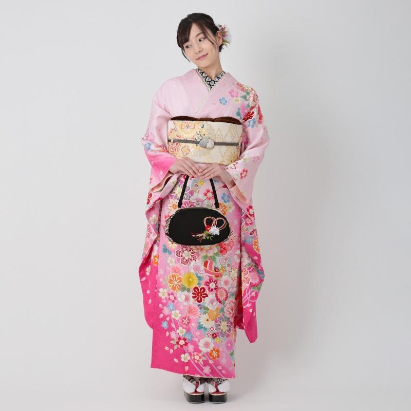振袖 レンタル 成人式 結婚式 ピンク 桜牡丹に毬(絹)(宅) 一点物 12月〜1月利用 対応身長155〜159cm RS1152の画像