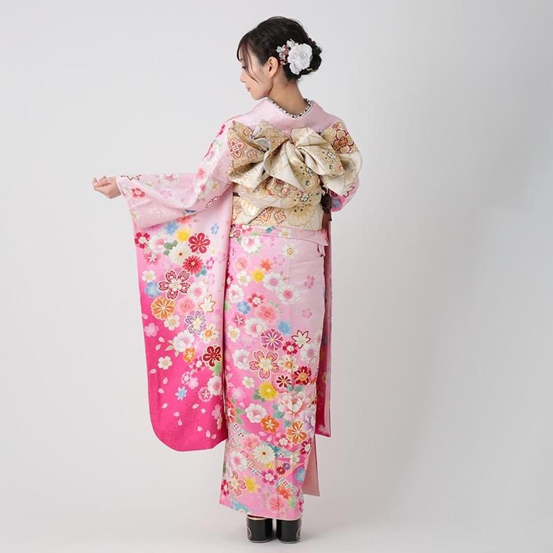 振袖 レンタル 成人式 結婚式 ピンク 桜牡丹に毬(絹)(宅) 一点物 12月〜1月利用 対応身長155〜159cm RS1152の画像