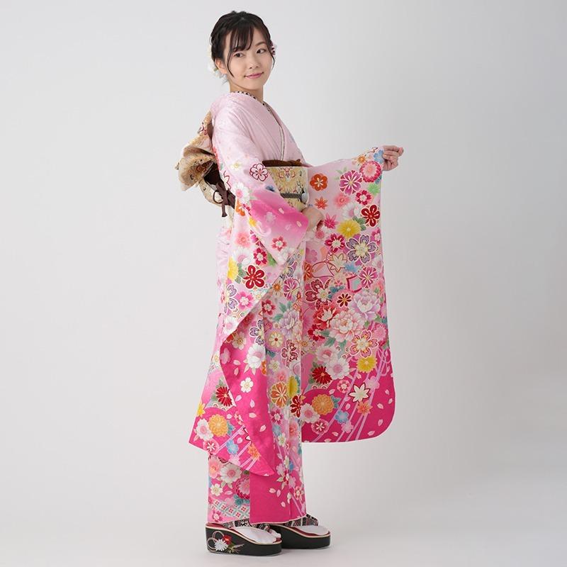 振袖 レンタル 成人式 結婚式 ピンク 桜牡丹に毬(絹)(宅) 一点物 12月〜1月利用 対応身長155〜159cm RS1152の画像
