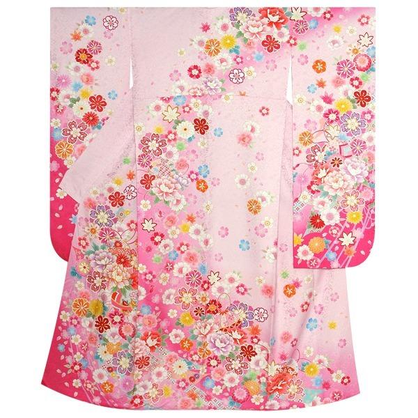 振袖 レンタル 成人式 結婚式 ピンク 桜牡丹に毬(絹)(宅) 一点物 12月〜1月利用 対応身長155〜159cm RS1152の画像