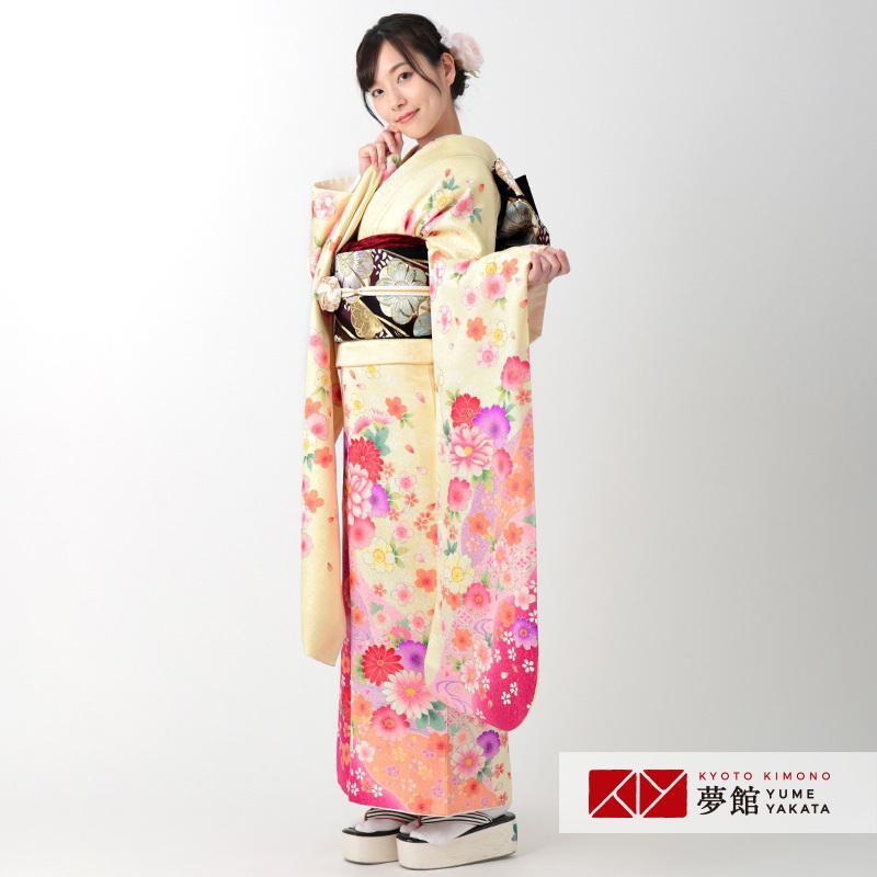 振袖 レンタル 成人式 結婚式 薄黄 桜とマーガレット(絹)(宅) 一点物 12月〜1月利用 対応身長154〜165cm RS1157