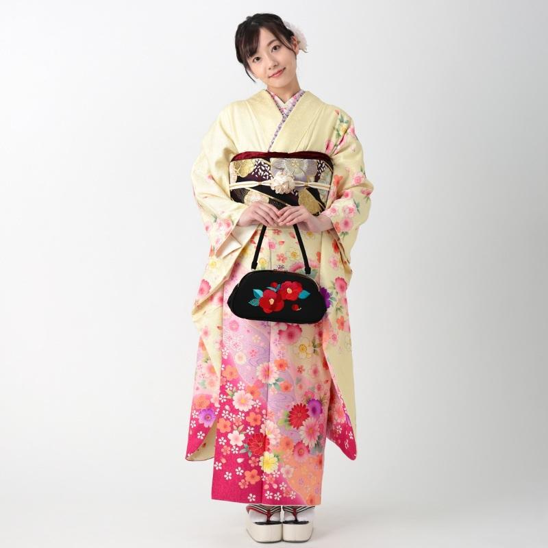 振袖 レンタル 成人式 結婚式 薄黄 桜とマーガレット(絹)(宅) 一点物 12月〜1月利用 対応身長154〜165cm RS1157の画像