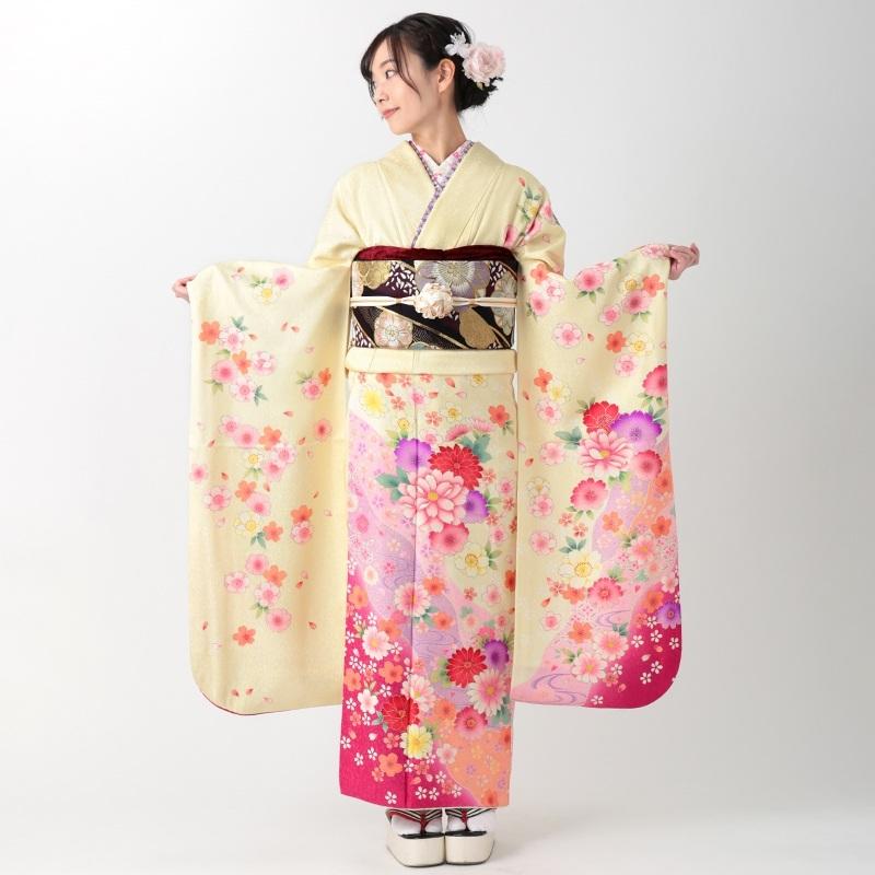振袖 レンタル 成人式 結婚式 薄黄 桜とマーガレット(絹)(宅) 一点物 12月〜1月利用 対応身長154〜165cm RS1157の画像