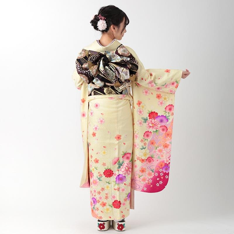 振袖 レンタル 成人式 結婚式 薄黄 桜とマーガレット(絹)(宅) 一点物 12月〜1月利用 対応身長154〜165cm RS1157の画像