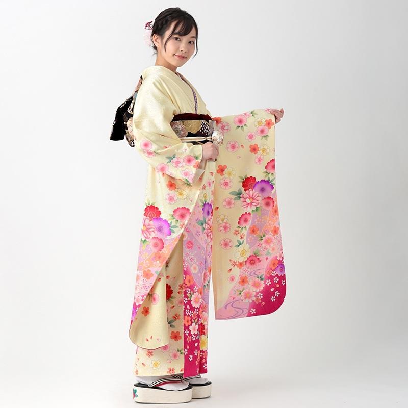 振袖 レンタル 成人式 結婚式 薄黄 桜とマーガレット(絹)(宅) 一点物 12月〜1月利用 対応身長154〜165cm RS1157の画像