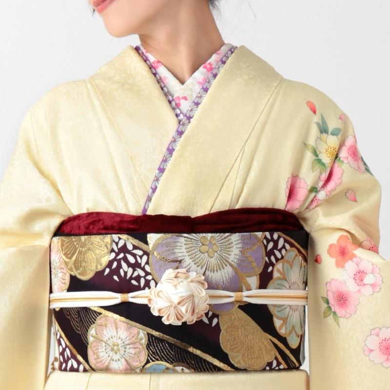 振袖 レンタル 成人式 結婚式 薄黄 桜とマーガレット(絹)(宅) 一点物 12月〜1月利用 対応身長154〜165cm RS1157の画像