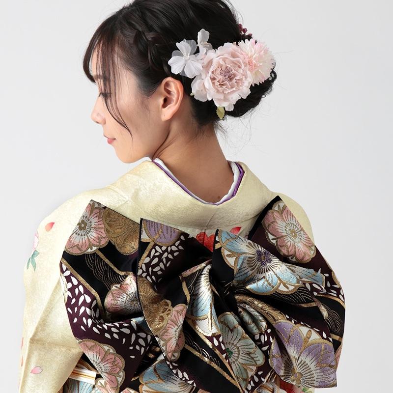 振袖 レンタル 成人式 結婚式 薄黄 桜とマーガレット(絹)(宅) 一点物 12月〜1月利用 対応身長154〜165cm RS1157の画像