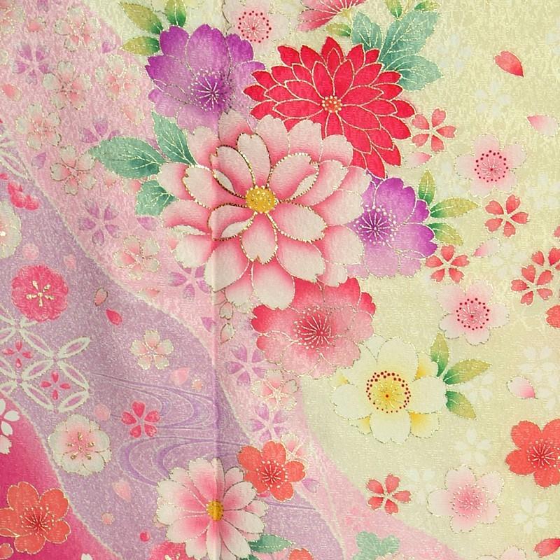 振袖 レンタル 成人式 結婚式 薄黄 桜とマーガレット(絹)(宅) 一点物 12月〜1月利用 対応身長154〜165cm RS1157の画像