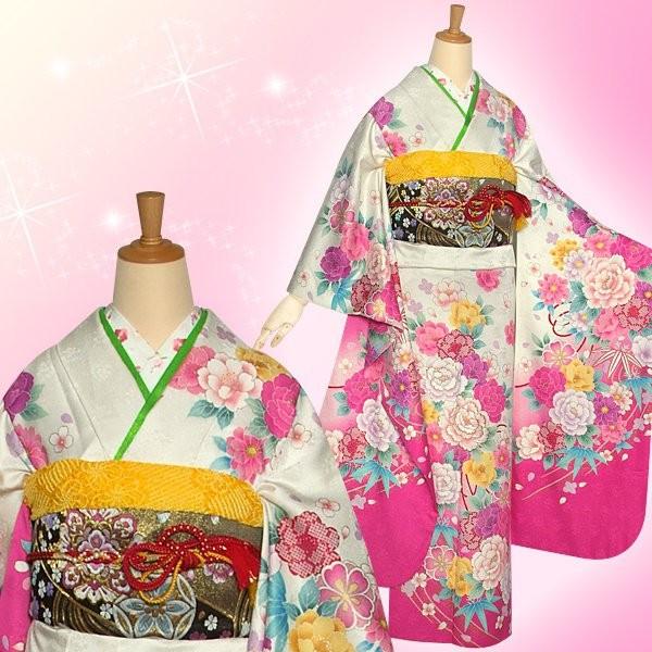 振袖 レンタル 成人式 結婚式 白 桜に笹牡丹(絹) 一点物 12月〜1月利用 対応身長165〜173cm RS1167の画像