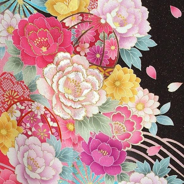振袖 レンタル 成人式 結婚式 黒 牡丹に手毬(絹) 一点物 12月〜1月利用 対応身長165〜173cm RS1168の画像