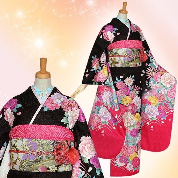 振袖 レンタル 成人式 結婚式 黒 牡丹に手毬(絹) 一点物 12月〜1月利用 対応身長165〜173cm RS1168の画像