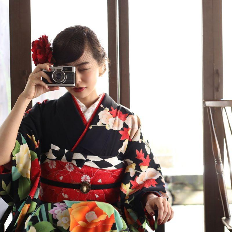 きもの道楽 振袖 レンタル 成人式 結婚式 黒 椿に白うさぎきもの道楽 