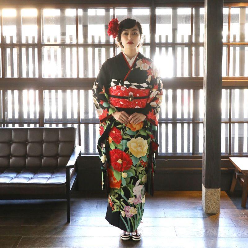 きもの道楽 振袖 レンタル 成人式 結婚式 黒 椿に白うさぎきもの道楽 