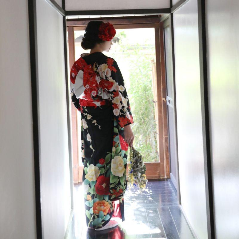 きもの道楽 振袖 レンタル 成人式 結婚式 黒 椿に白うさぎ 12月