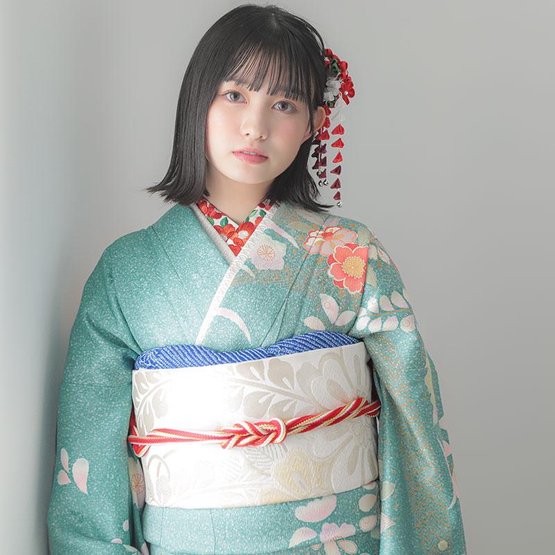 振袖 レンタル 成人式 結婚式 青緑 椿に菊梅文様(絹) 一点物12月〜1月