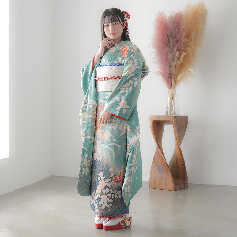 振袖 レンタル 成人式 結婚式 青緑 椿に菊梅文様(絹) 一点物12月〜1月