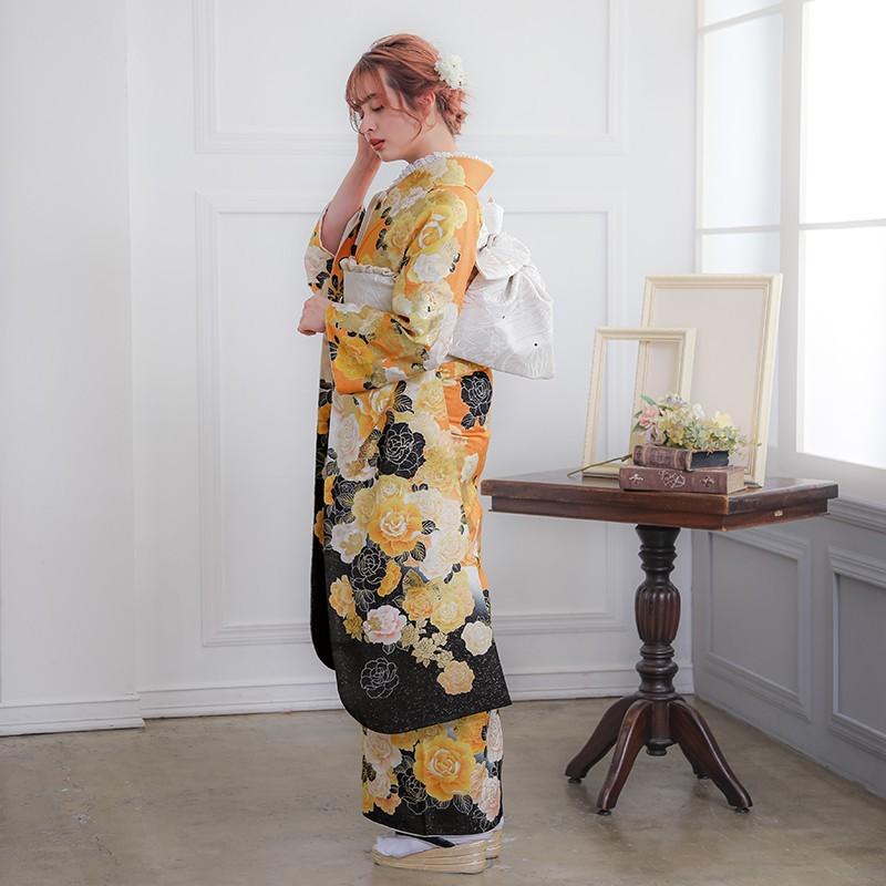 振袖 レンタル 成人式 結婚式 黄 薔薇(絹)12月〜1月利用 対応身長154