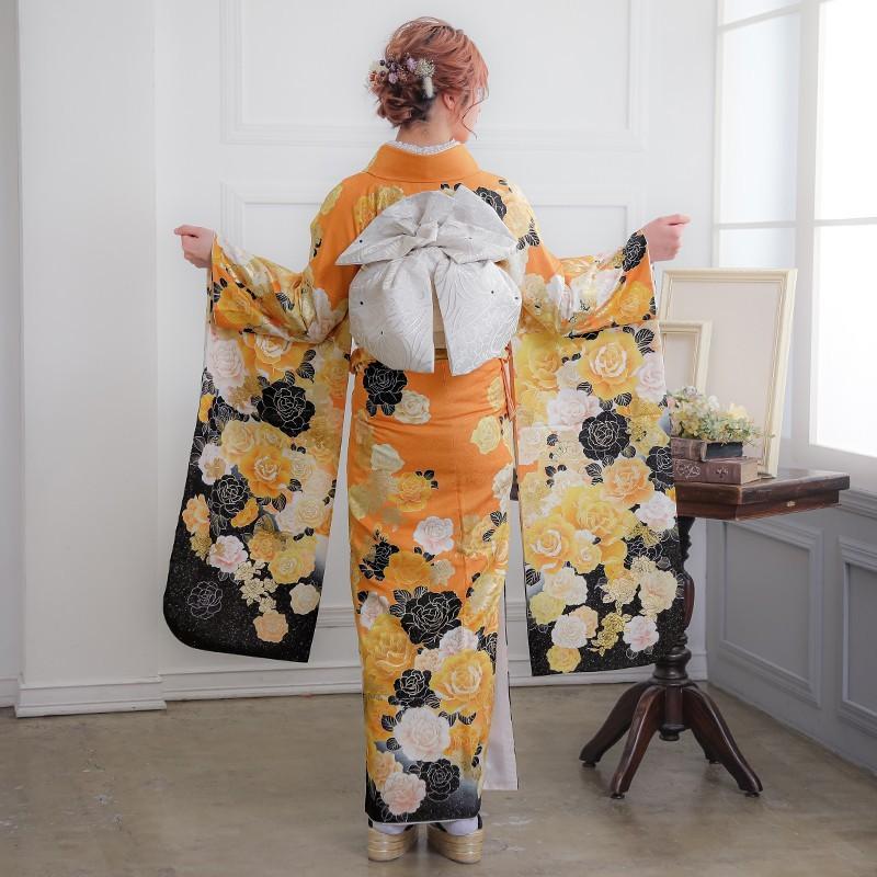 振袖 レンタル 成人式 結婚式 黄 薔薇(絹)12月〜1月利用 対応身長154
