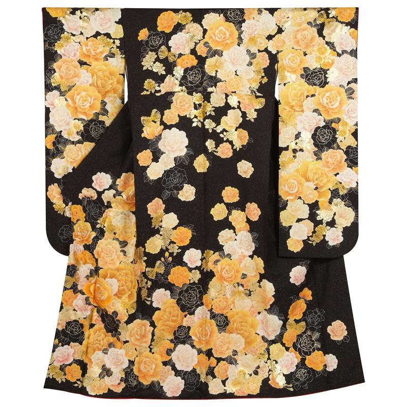 振袖 レンタル 成人式 結婚式 黒黄 薔薇(絹)(宅)12月〜1月利用