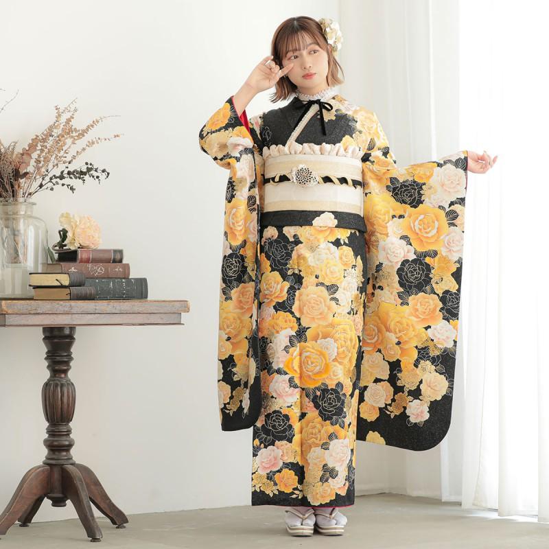 振袖 レンタル 成人式 結婚式 黒黄 薔薇(絹)(宅)12月〜1月利用 対応