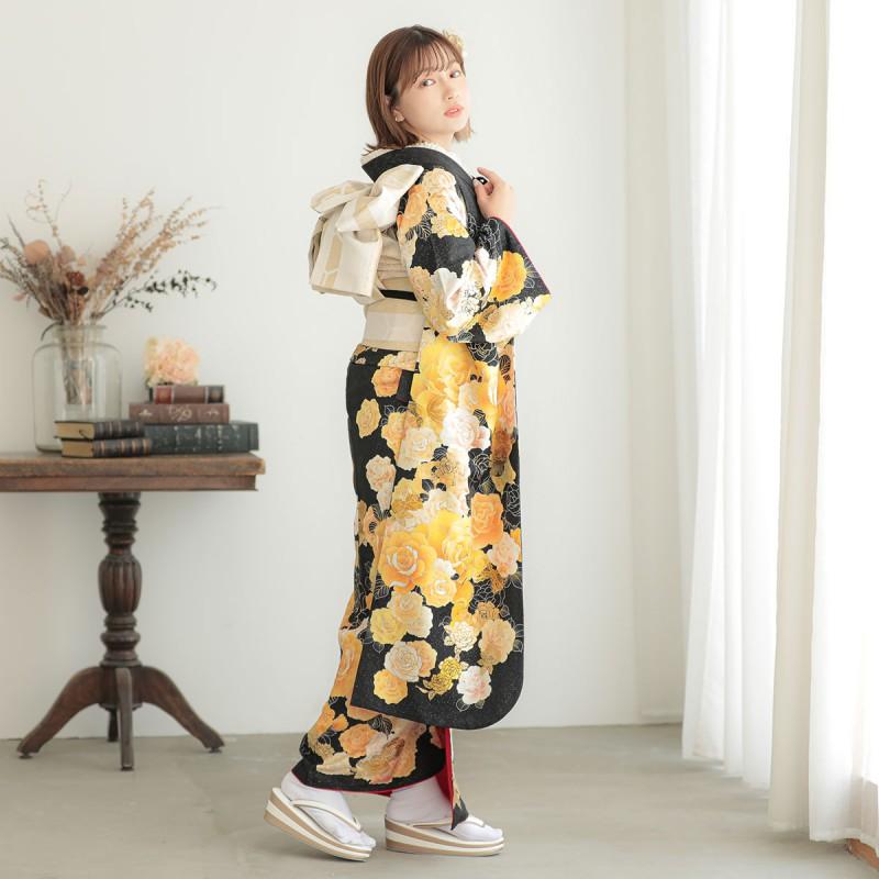 振袖 レンタル 成人式 結婚式 黒黄 薔薇(絹)(宅)12月〜1月利用 対応