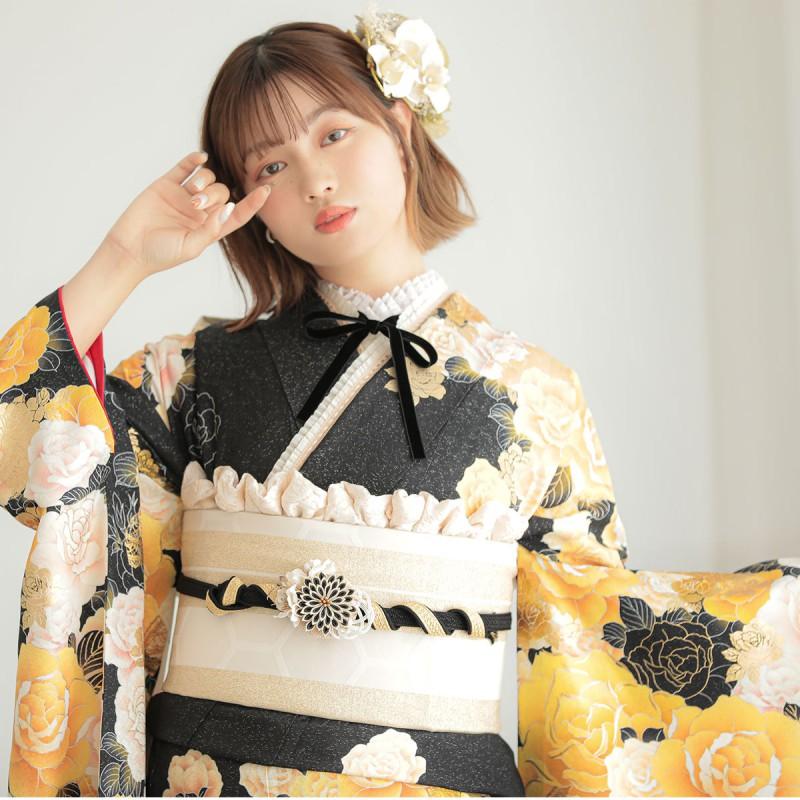 振袖 レンタル 成人式 結婚式 黒黄 薔薇(絹)(宅)12月〜1月利用 対応