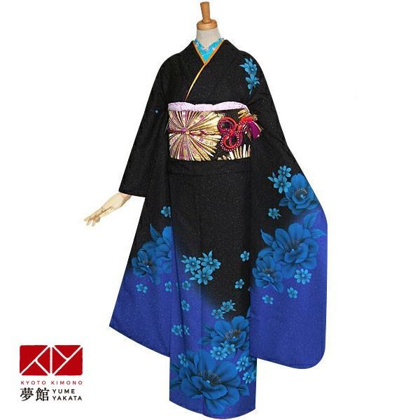 振袖 レンタル 成人式 結婚式 黒×ブルー　八重桜(絹)12月〜1月利用 対応身長154〜165cm RS1192
