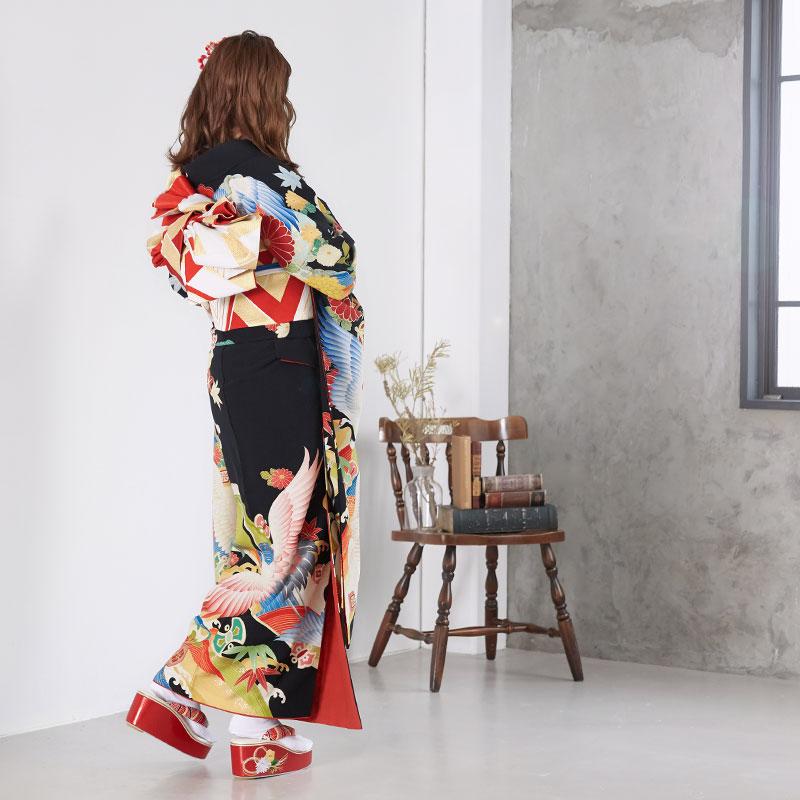 定価73200円セール開催中！振袖 レンタル 成人式 結婚式 黒 波鶴