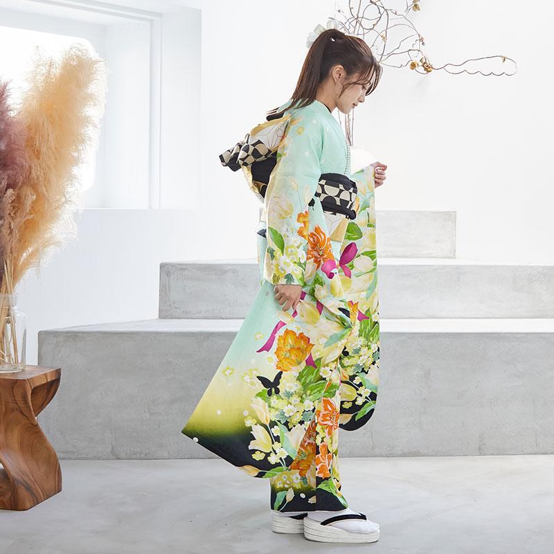 振袖 レンタル 成人式 結婚式 グリーン チューリップにリボン(絹) Lako