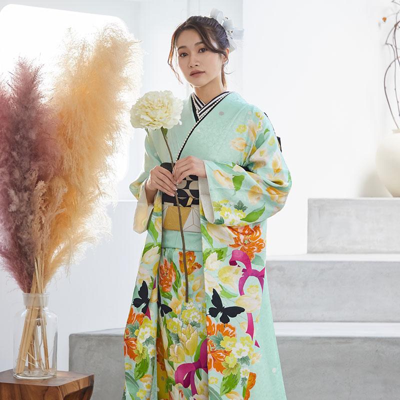 振袖 レンタル 成人式 結婚式 グリーン チューリップにリボン(絹) Lako