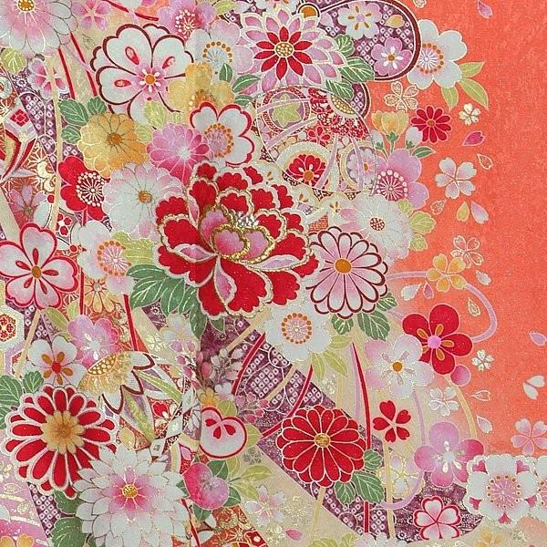 振袖 レンタル 成人式 結婚式 オレンジ 桜牡丹に毬(絹)(宅)(w) 一点物 12月〜1月利用 対応身長150〜160cm RS1210の画像