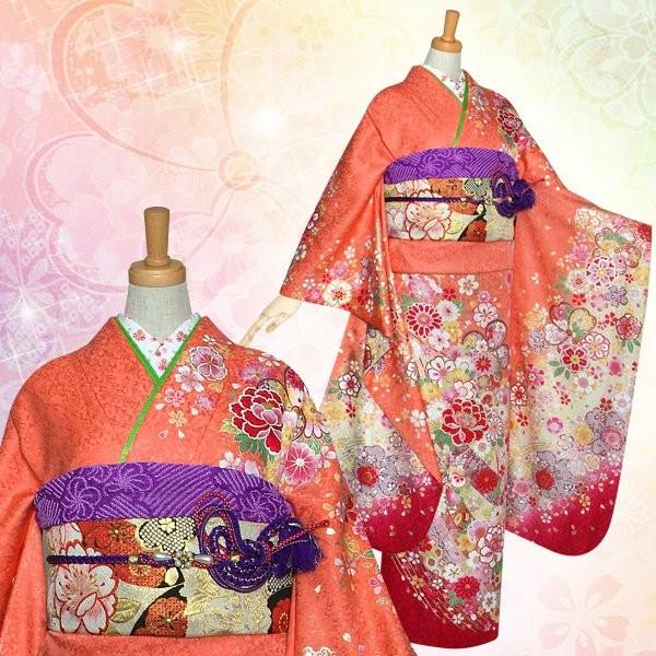 振袖 レンタル 成人式 結婚式 オレンジ 桜牡丹に毬(絹)(宅)(w) 一点物 12月〜1月利用 対応身長150〜160cm RS1210の画像